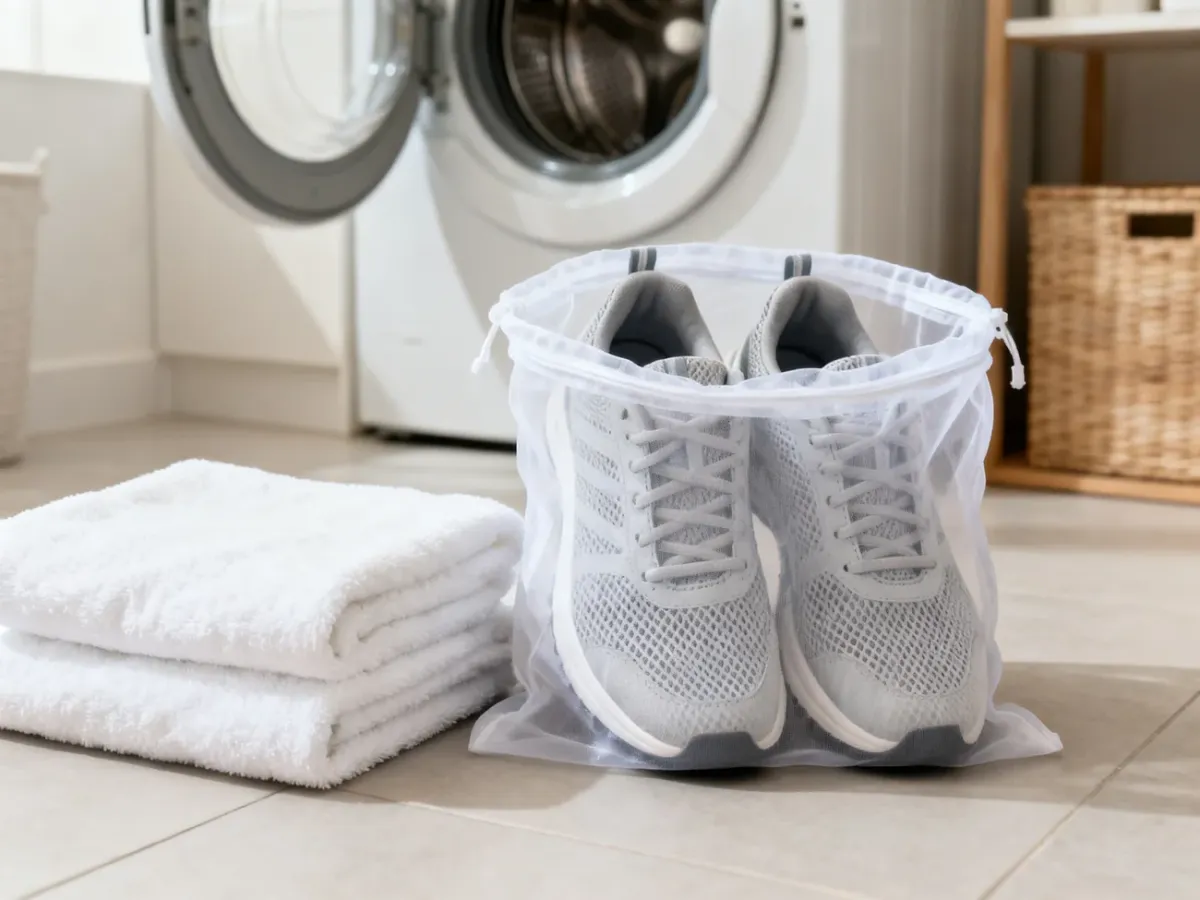 Buty sportowe umieszczone w siatce do prania obok miękkich ręczników
